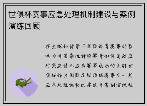 世俱杯赛事应急处理机制建设与案例演练回顾