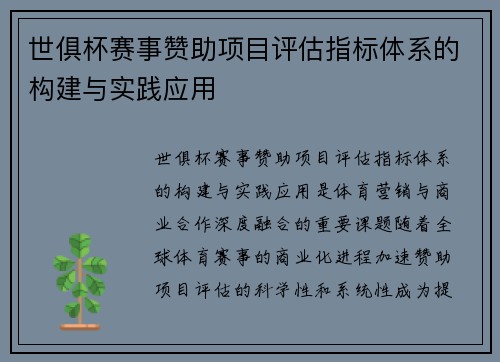 世俱杯赛事赞助项目评估指标体系的构建与实践应用
