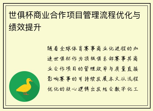 世俱杯商业合作项目管理流程优化与绩效提升